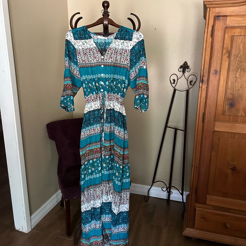 Size L(12-14), maxi dress, turquoise multi colored
